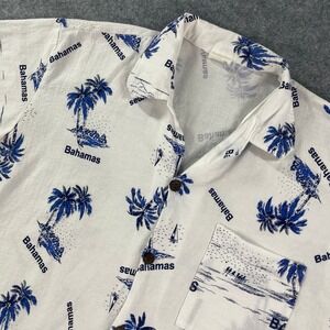 Bahamas Souvenir Hawaiian Shirt M Mens White Blue Tropical Palm Tree Sailboat